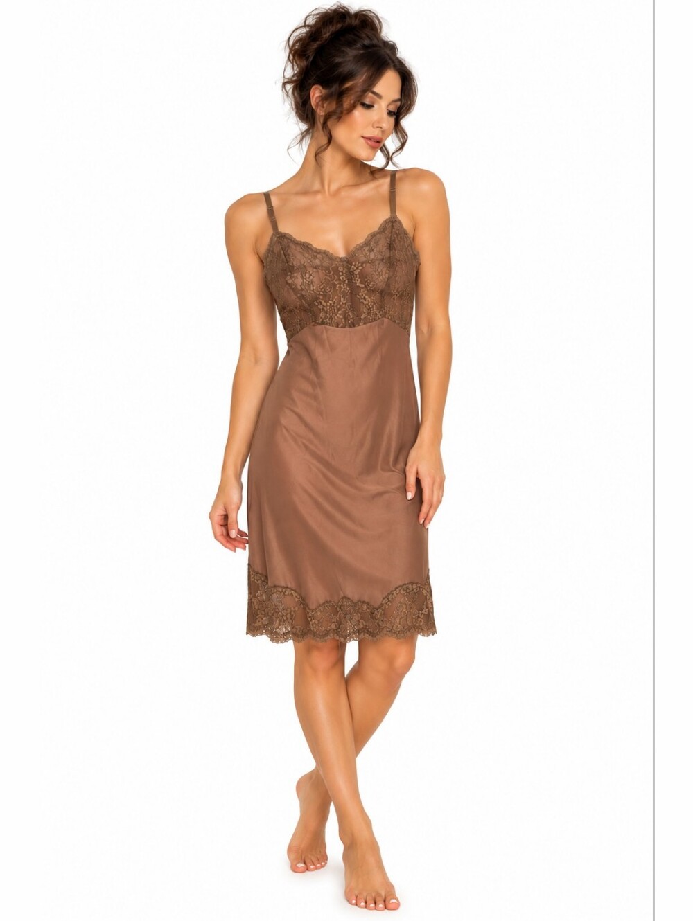 Vintage Van Raalte Full Slip 34 Brown Lace Nylon Lingerie Made USA